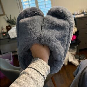 Blue fuzzy slippers from Anthropologie
